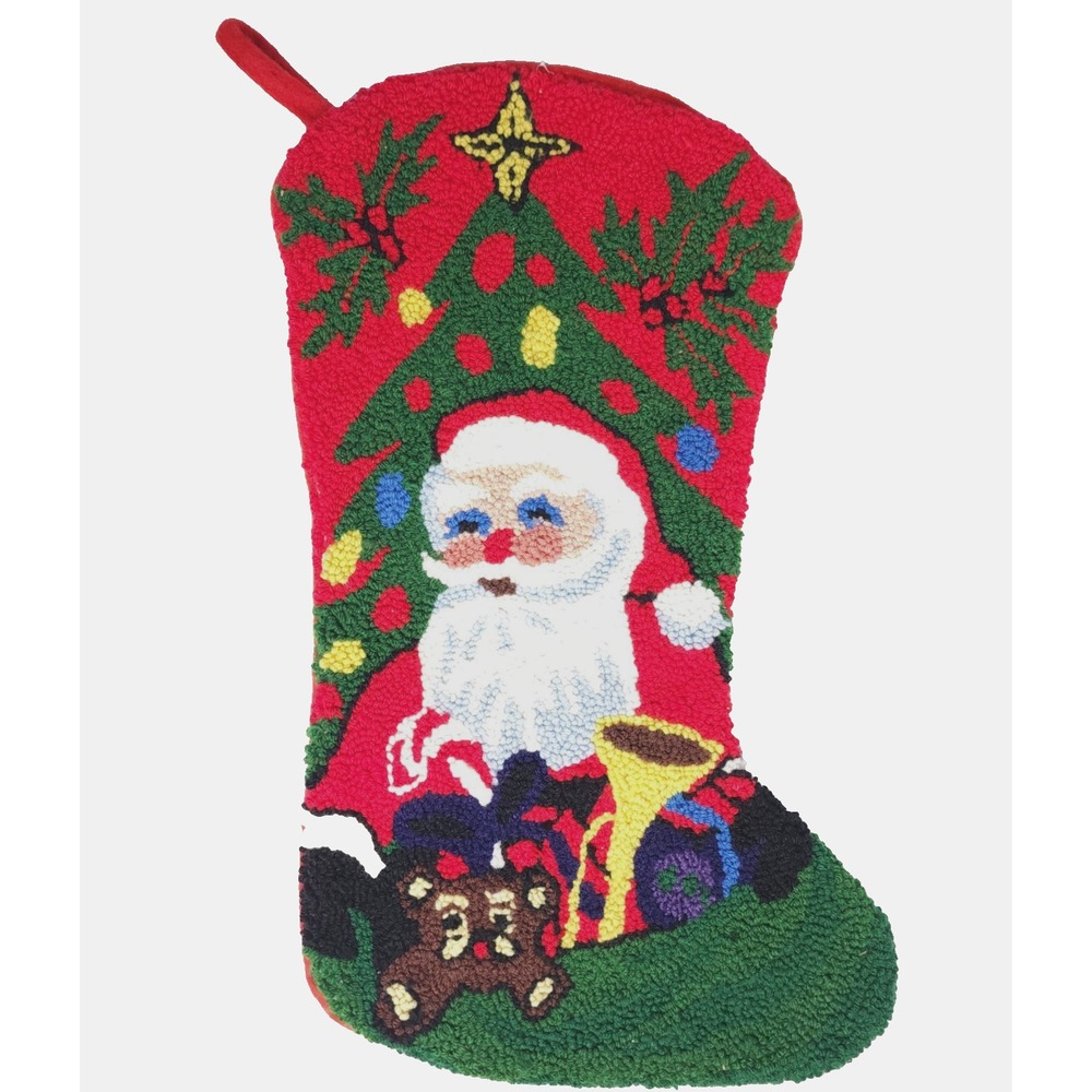 Santa Christmas Tree Latch Hook Loop Green Red Needlepoint Christmas Stocking